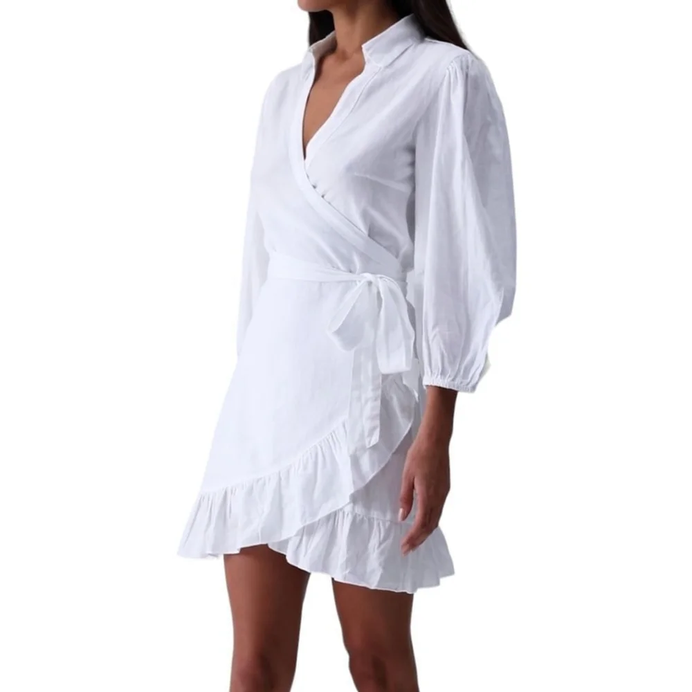 MELISSA ODABASH Paige Linen Cotton Blend Ruffled Balloon Sleeve Wrap Dress Sz L